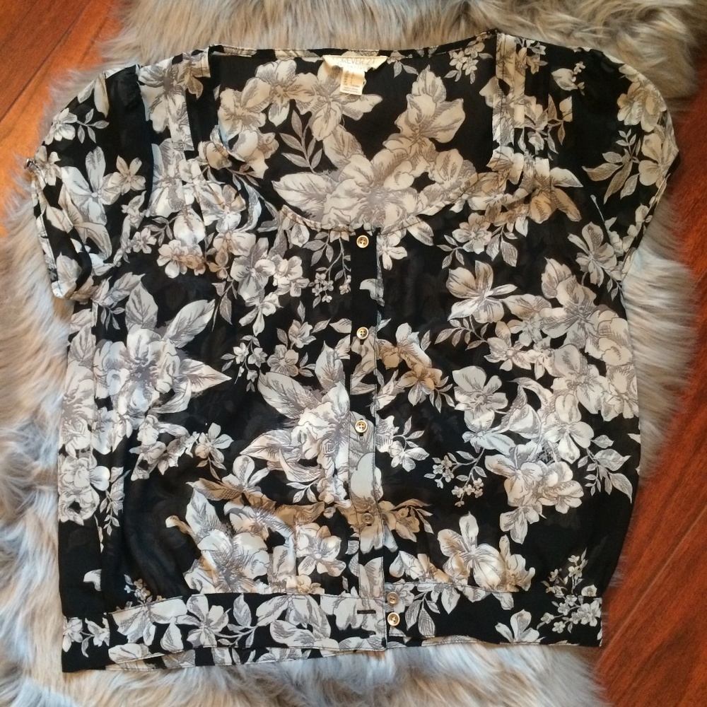 Forever 21 Black & Gray Sheer Floral Blouse